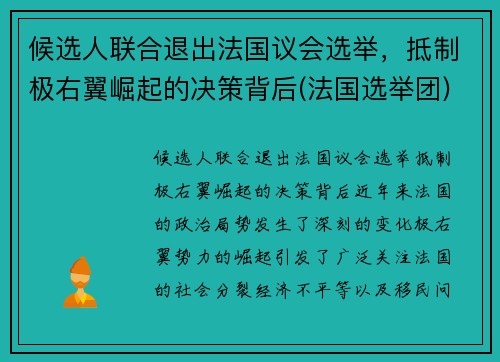 候选人联合退出法国议会选举，抵制极右翼崛起的决策背后(法国选举团)