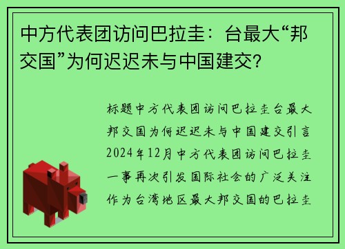 中方代表团访问巴拉圭：台最大“邦交国”为何迟迟未与中国建交？