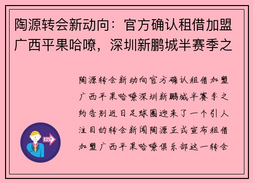 陶源转会新动向：官方确认租借加盟广西平果哈嘹，深圳新鹏城半赛季之约告别