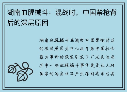湖南血腥械斗：混战时，中国禁枪背后的深层原因