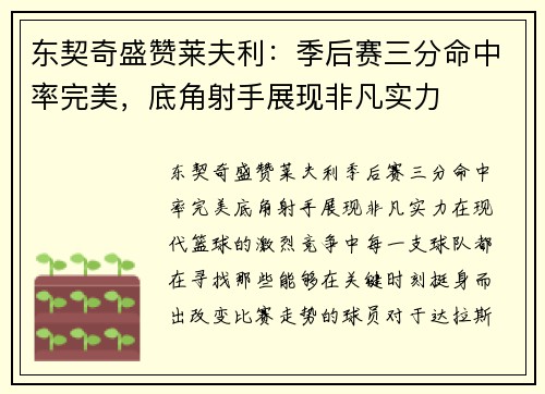 东契奇盛赞莱夫利：季后赛三分命中率完美，底角射手展现非凡实力