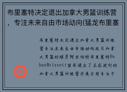 布里塞特决定退出加拿大男篮训练营，专注未来自由市场动向(猛龙布里塞特)