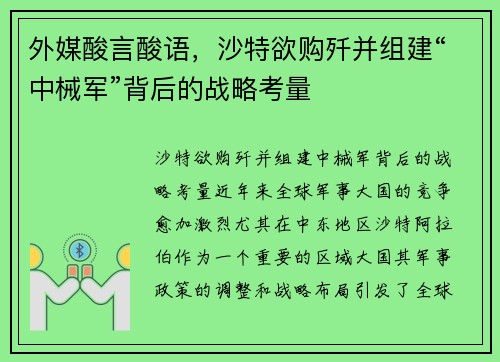 外媒酸言酸语，沙特欲购歼并组建“中械军”背后的战略考量