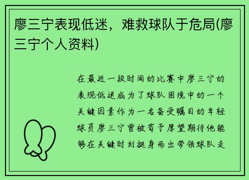 廖三宁表现低迷，难救球队于危局(廖三宁个人资料)