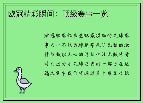 欧冠精彩瞬间：顶级赛事一览