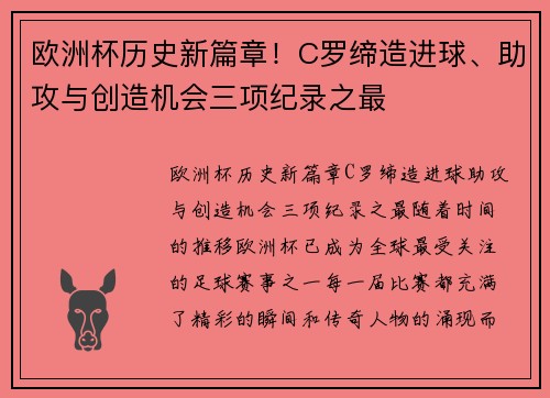 欧洲杯历史新篇章！C罗缔造进球、助攻与创造机会三项纪录之最