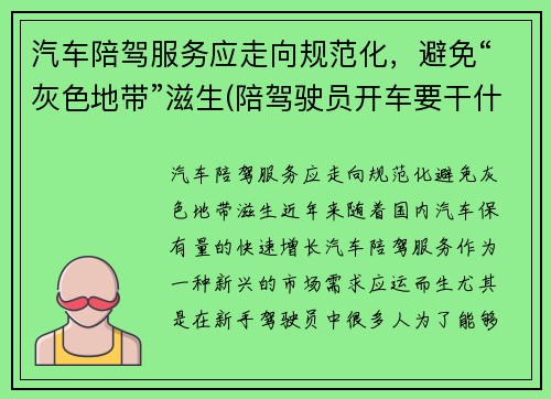 汽车陪驾服务应走向规范化，避免“灰色地带”滋生(陪驾驶员开车要干什么)