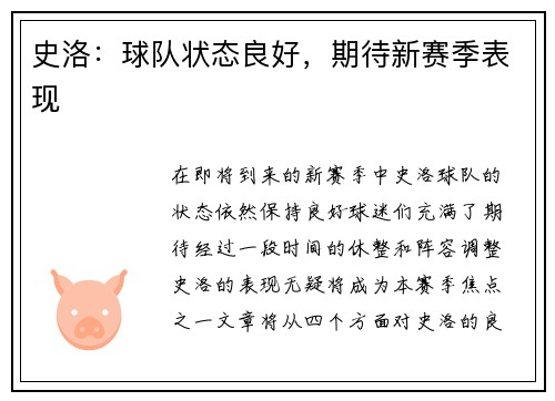史洛：球队状态良好，期待新赛季表现