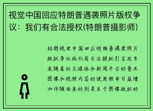 视觉中国回应特朗普遇袭照片版权争议：我们有合法授权(特朗普摄影师)